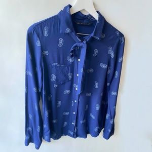 Zara navy blue pussy bow tie shirt button down S